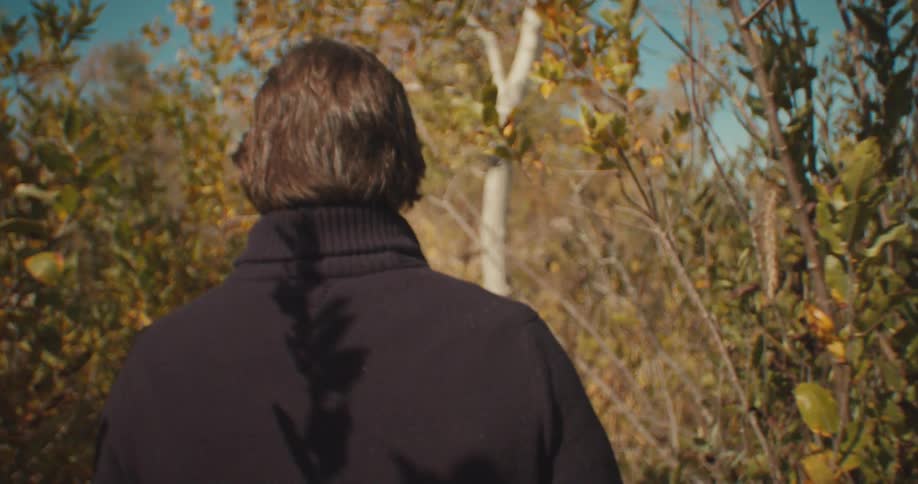A man in a sweater walks along a trail through thick vegetation and trees