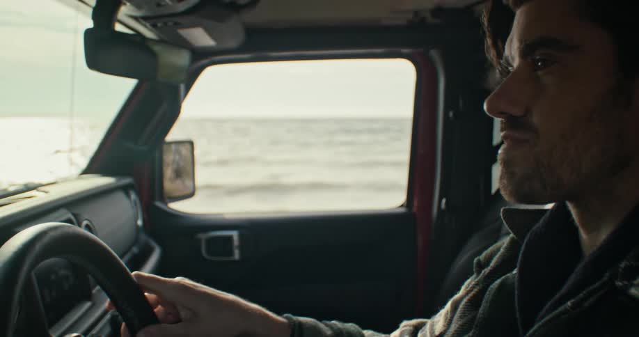 A man is driving in a car in spring