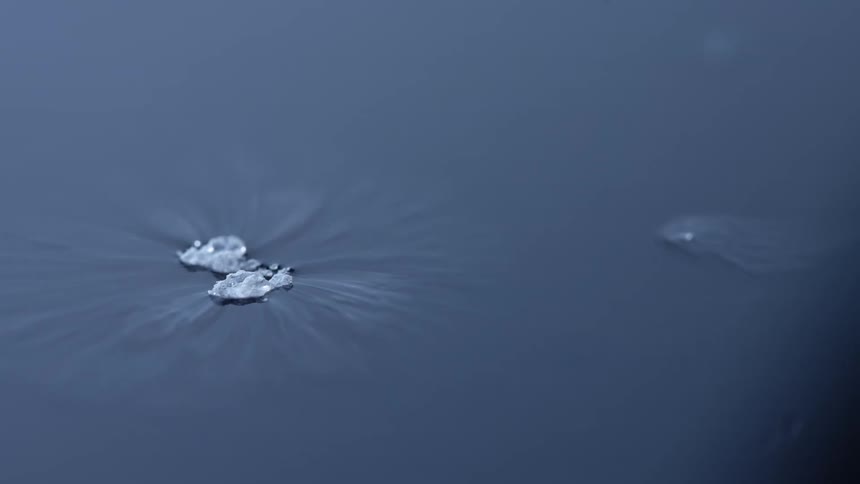 Surface tension sits on the surface of water surrounding two small and clear crystals