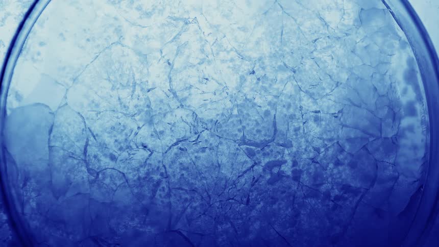 Cracks appearing on the blue surface of a liquid inside a dish