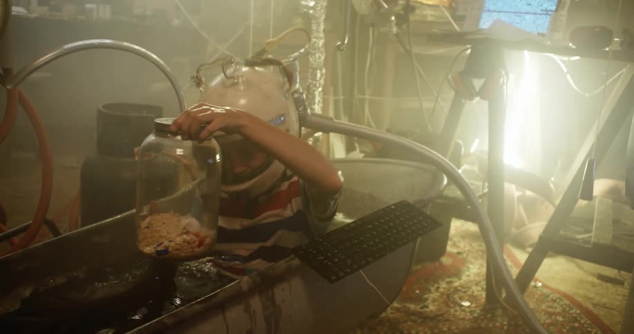 Boy playing in the basement wears an astronaut helmet inside a bathtub