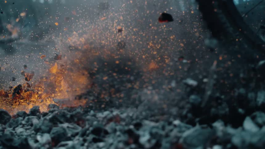 Burning ashes and embers fly into the air as bike tires roll over them