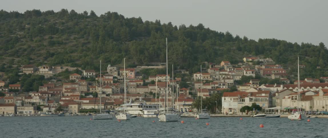 Boats near a waterside city