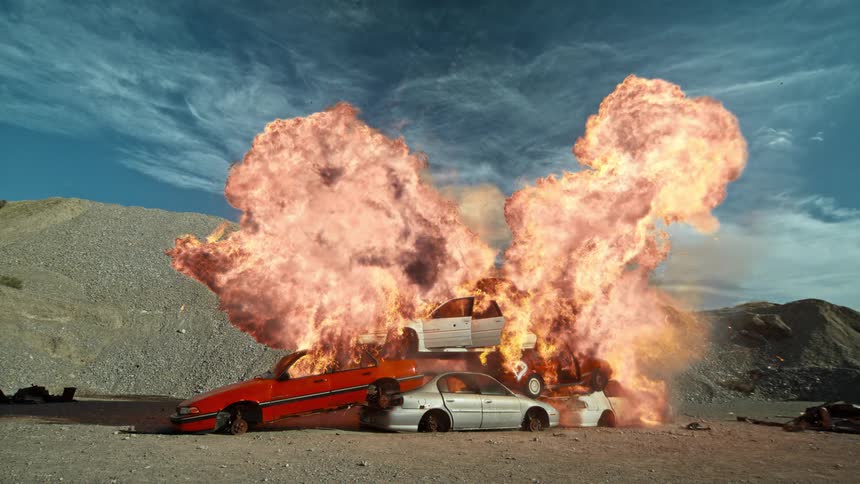 Old cars piled up with an explosion of fire with the sky and clouds in the background