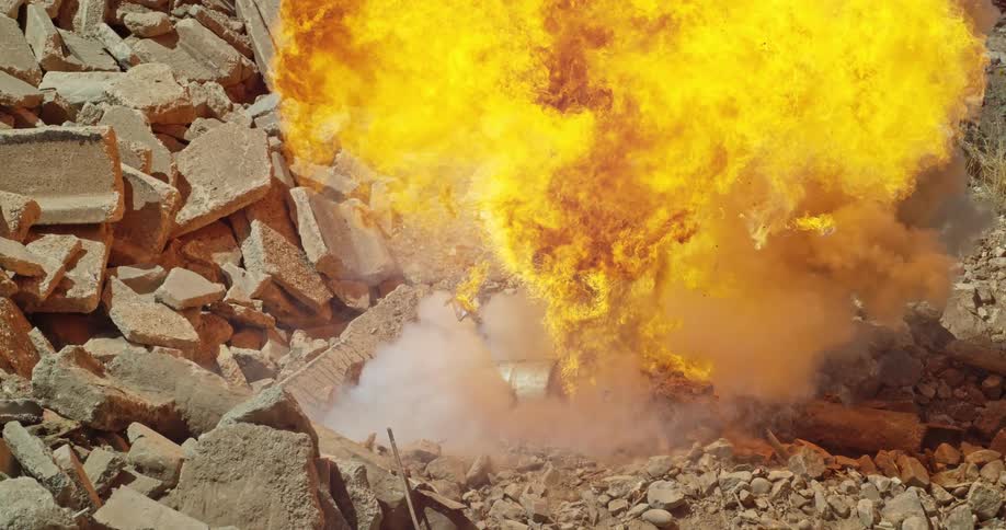 An explosion of smoke and fire by drum barrels and rubble