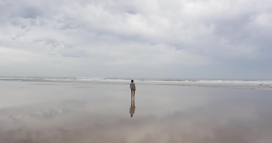 A young teenage boy standing on the wet sand of a beach near the ocean