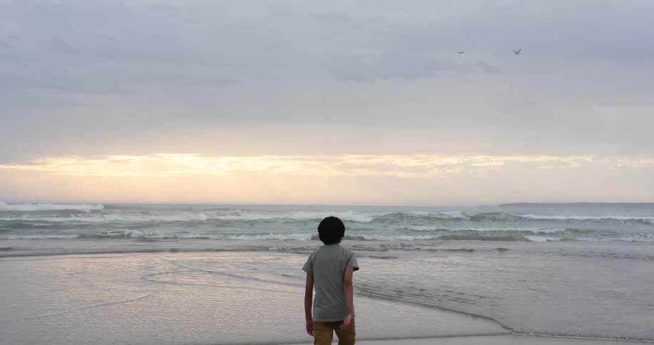 Person walks along beach toward water and red tinted sky
