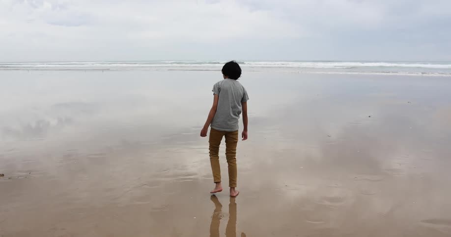 A person walking barefoot over the wet sand on a beach next to the ocean at sunset