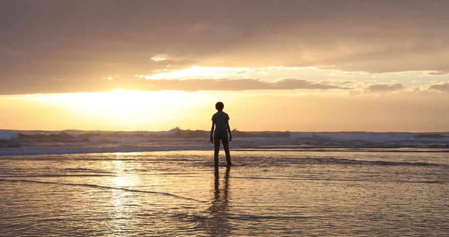 A silhouette of a person walking on the beach with the ocean sky and clouds in the background