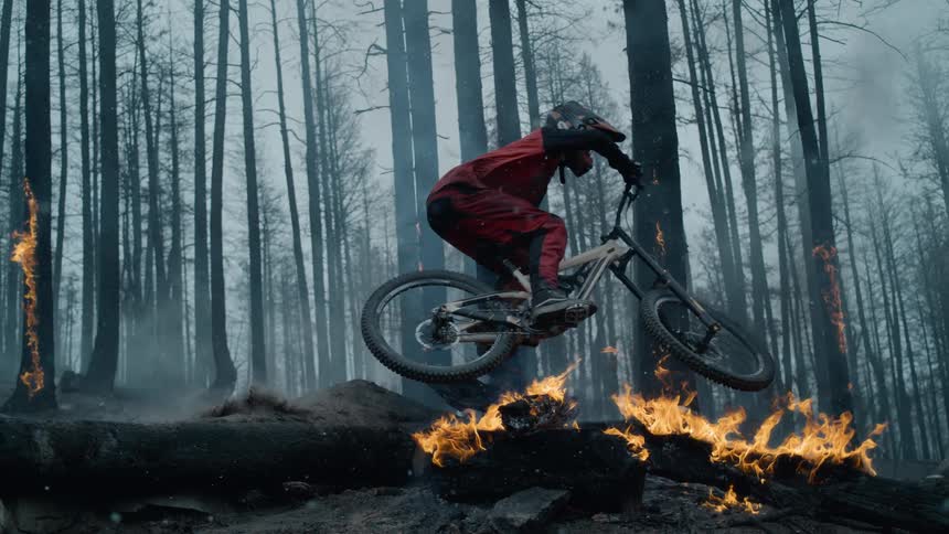 Extreme bike rider jumping over logs engulfed in fire in the woods