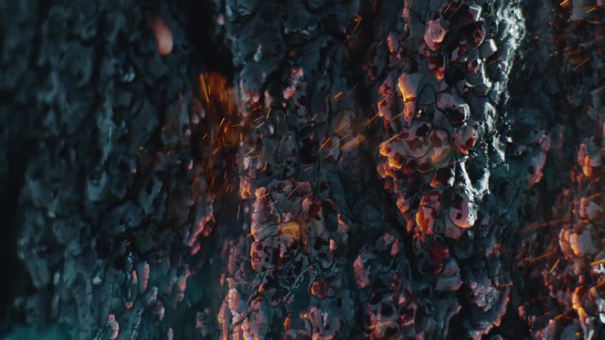 Smoke and embers rise from the flames of burning wood