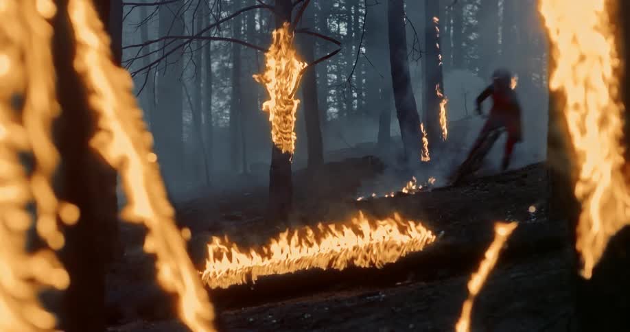 A person wearing a helmet rides a mountain bike through a smokey burning forest with trees in flames