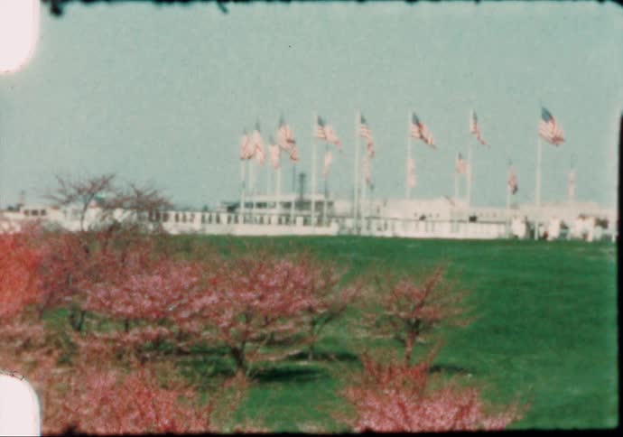 American flags waving in the wind close to the washington monument caught on vintage film
