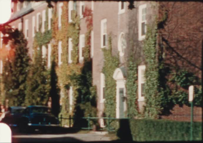 Ivy climbs the sides of brick buildings in the 1950's