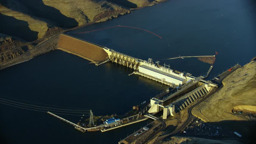 Lower Monumental Dam on the Lower Snake River as seen from high above in this sweeping aerial of the Army Corp of Engineers project