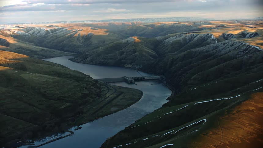 Super wide aerial of Lower Granite Dam on the Lower Snake River near Lewiston Clarkston and there are concerns about the impacts of the dam with Salmon migration