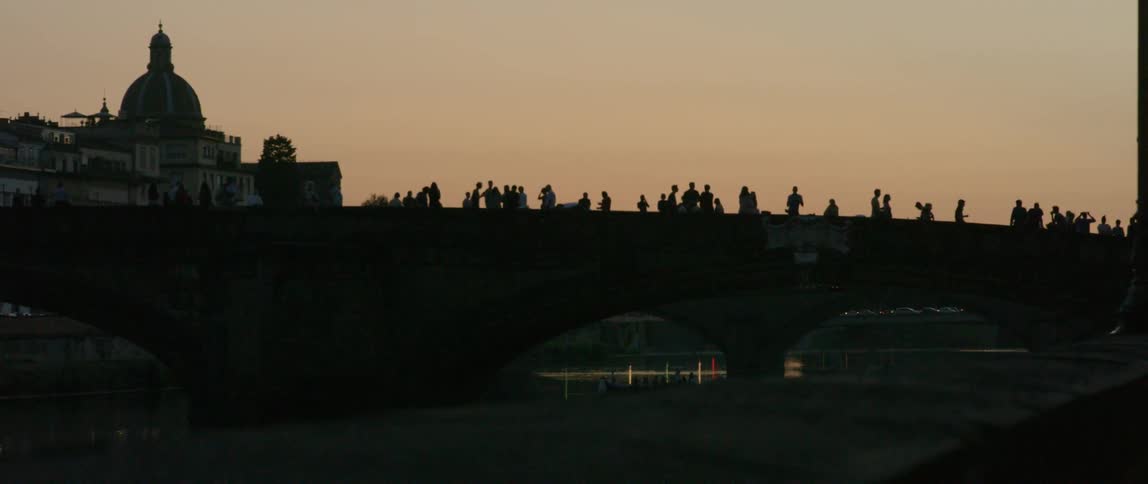 A large group of people on a bridge at dusk