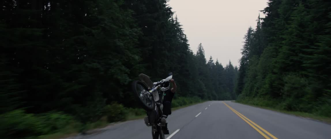 Stunt driver on a motorcycle riding a wheelie through the trees in the mountain
