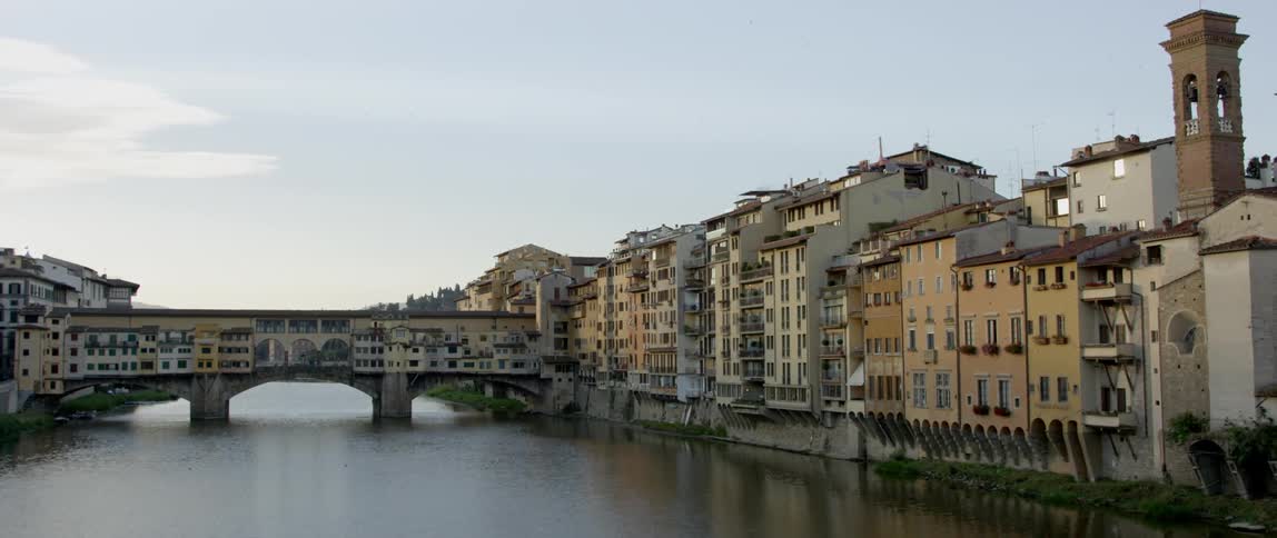 A riverside town on an overcast day