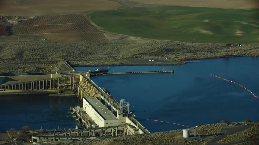 Aerial of Lower Monumental Dam on the Lower Snake River in Eastern Washington where discussions are taking place on whether to breach the four dams or not for Salmon migration and tax payer savings