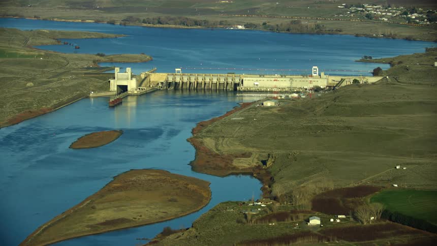 Tight shot of Ice Harbor Dam on the Lower Snake River just before the Snake River confluences the Columbia River on the way to the Pacific Ocean