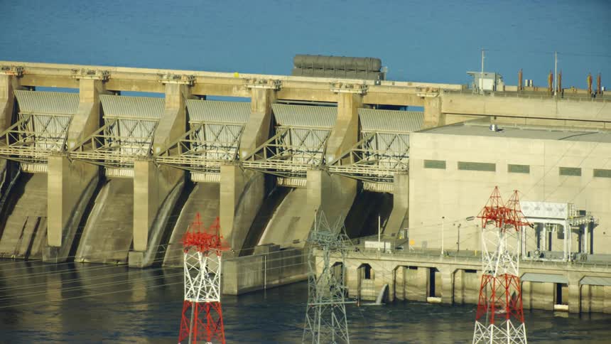 Tight shot aerial of the spillways of Ice Harbor Dam on the Lower Snake River in Eastern Washington near the cities of Pasco, Kennewick and Richland (Tri-Cities)