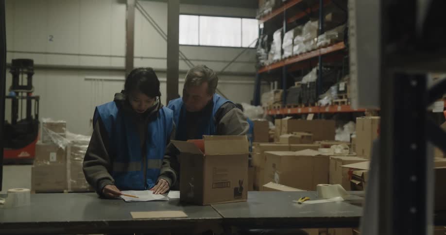 A man and woman working in a warehouse check the contents of a box against a paper ledger