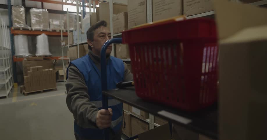 Warehouse worker pushing a cart between the aisles of a warehouse