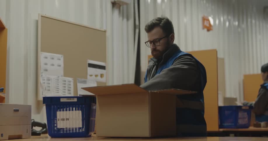 An employee boxing up goods in a warehouse