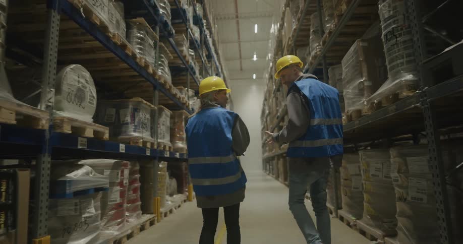 A man and a woman with hardhats walking in a warehouse with shelves