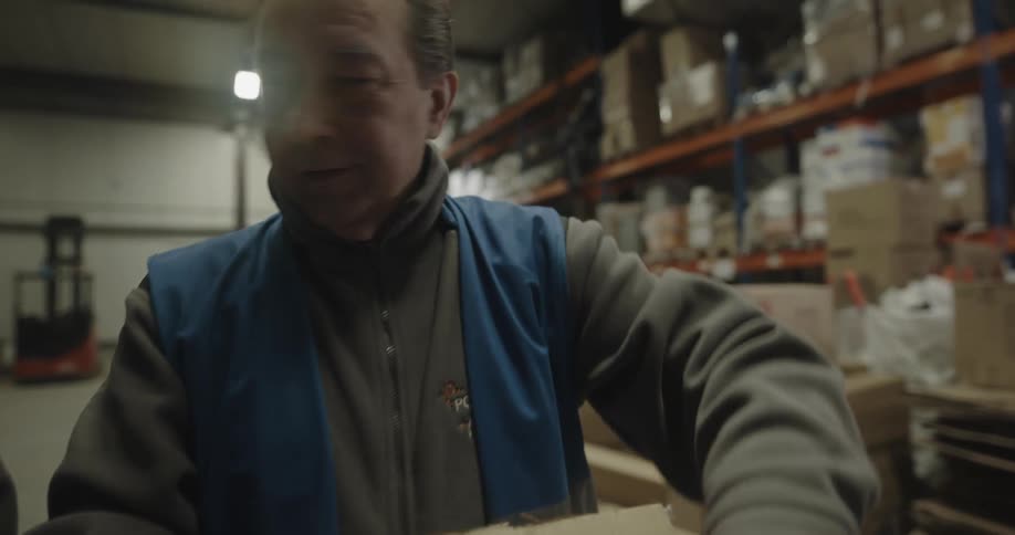 A man with a vest in a warehouse opening a box on a table with shelves in the background