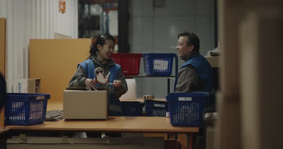 A woman with a vest in a warehouse taping a box with a tape