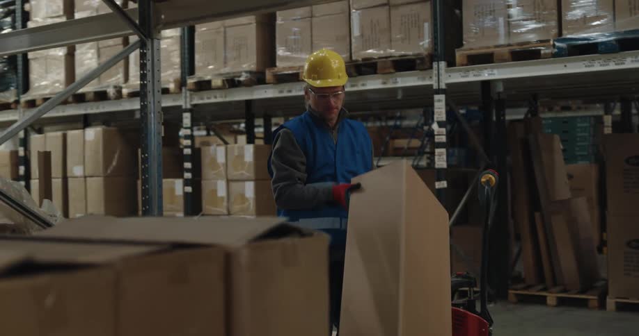 A man in a warehouse loading a box onto a cart
