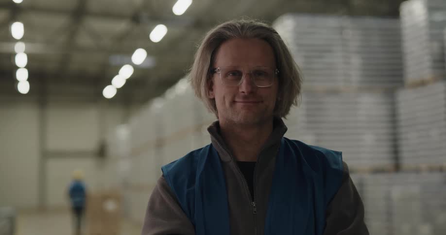 A male worker in a vest smiling while standing in a large warehouse