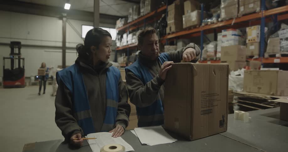 A woman with a vest and a pencil looking at a paper as a man with a vest takes a box and places it on a table in a warehouse with shelves in the background