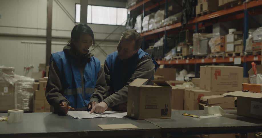 Two warehouse coworkers look at a check list then examine cardboard boxes
