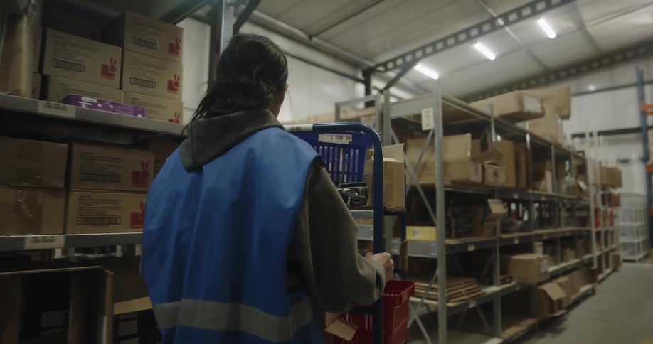 Female warehouse worker pushing a cart between the aisles of a warehouse