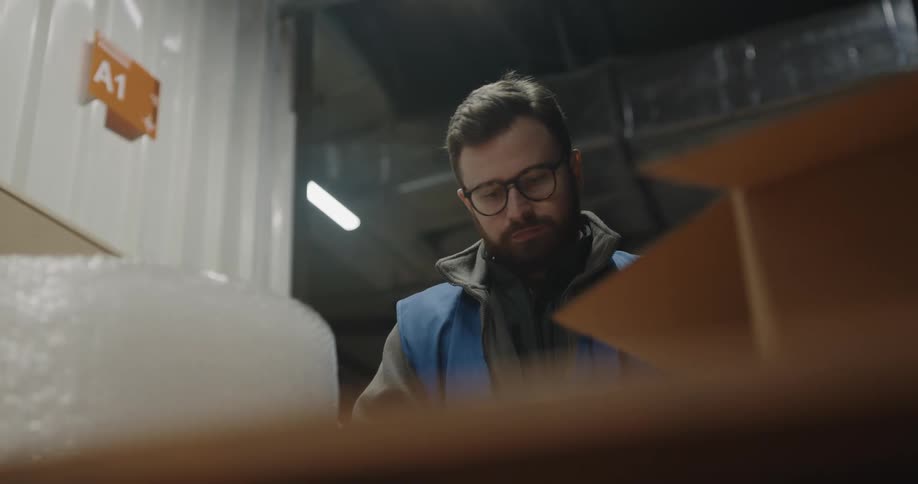 A man wraps a product in bubble wrap then looks up and smiles and talks with a coworker as he places it in a box