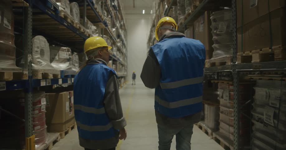 Two employees walk down an aisle at a shipping warehouse to check boxes that fill warehouse shelves