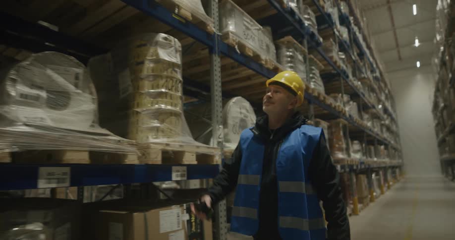 A man talks into a walkie talkie as he walks down a row of shelves in a warehouse