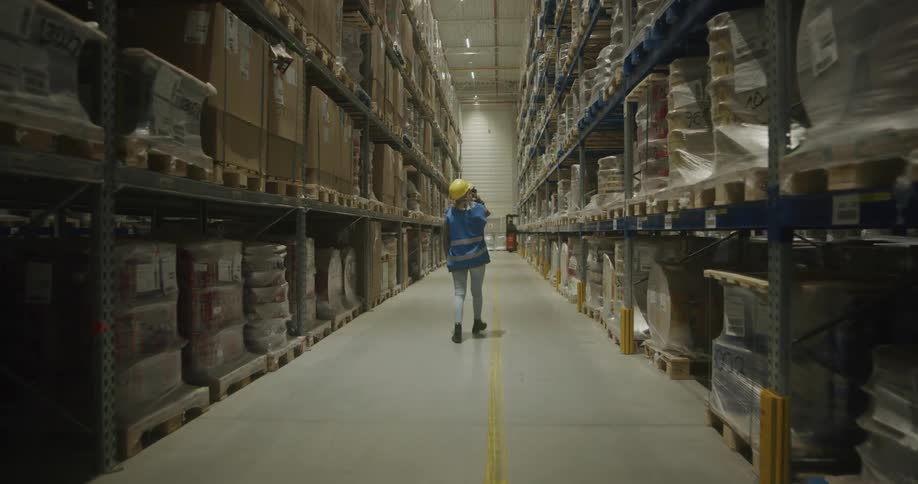 A employee is walking through a warehouse