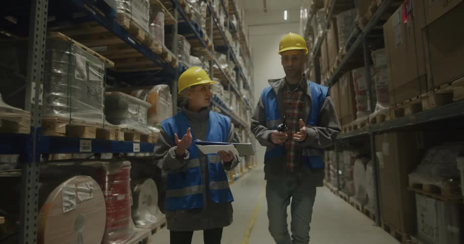 Workers in a warehouse wearing yellow hardhats checking inventory