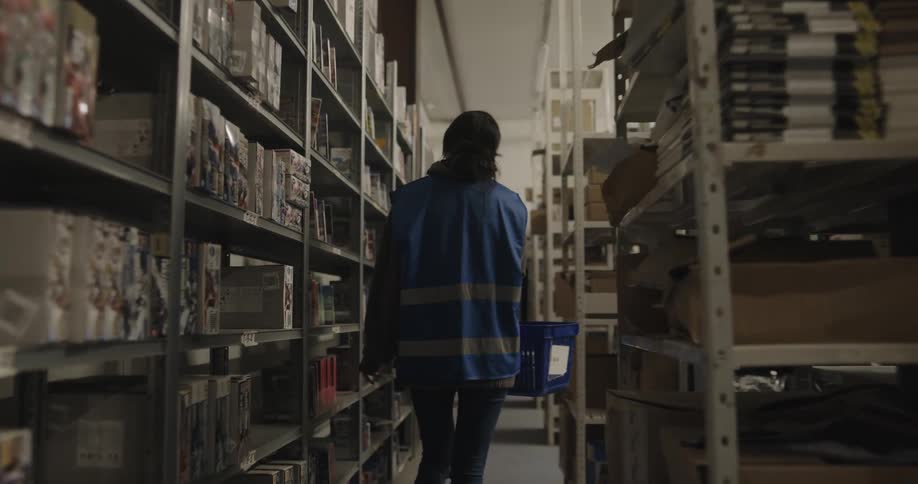 A woman is walking around a warehouse