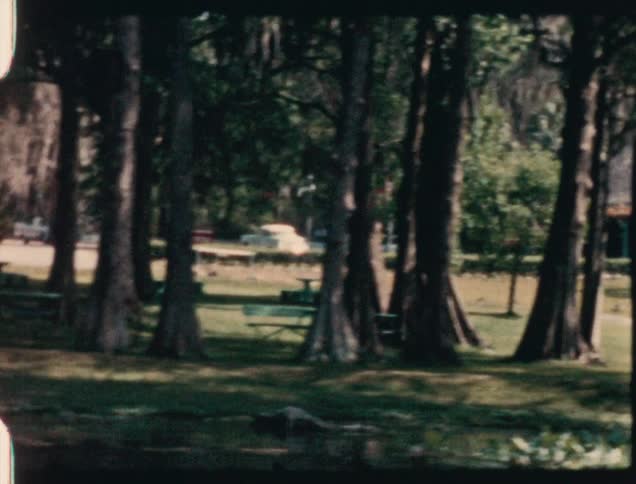 Cabins and vehicles parked in a vacation and camping area caught on vintage film