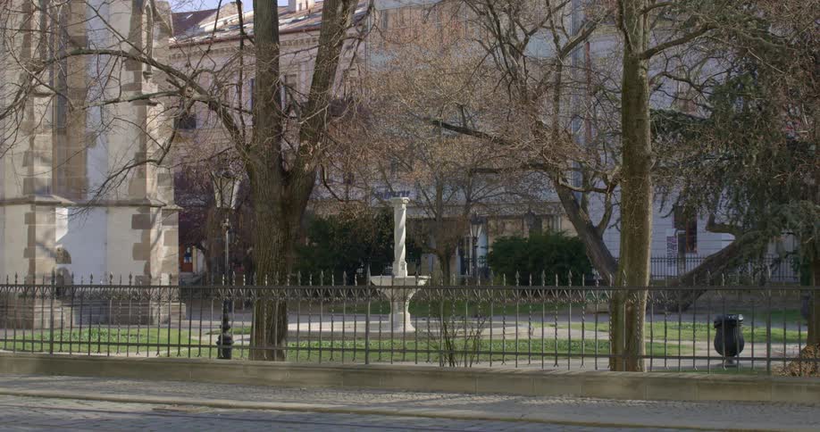A wrought iron fence in front of a fountain and building