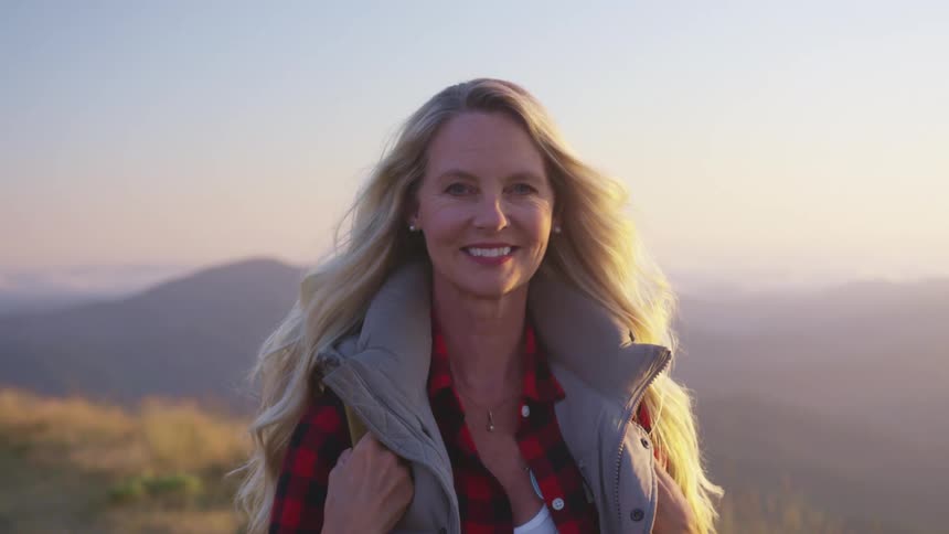 A woman looks up and smiles as the breeze blows her blond hair on a hill top