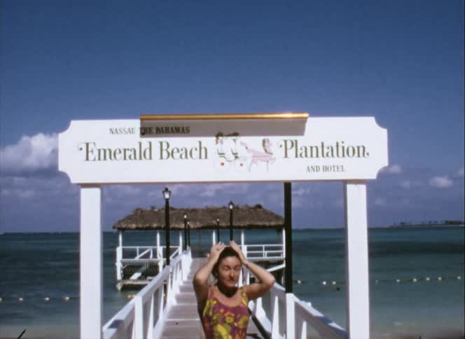 A woman with a bathing suit standing on a pier with the ocean sky and clouds in the background