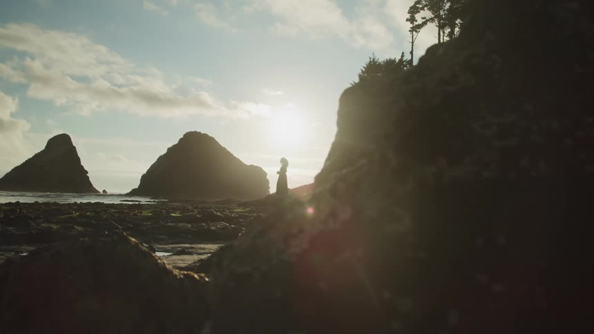 Woman wearing long black dress standing over a rock on the beach at sunset