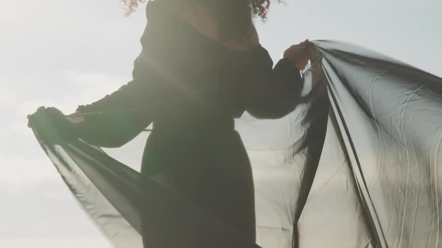 A woman with a veil and dress standing with the sky and clouds in the background