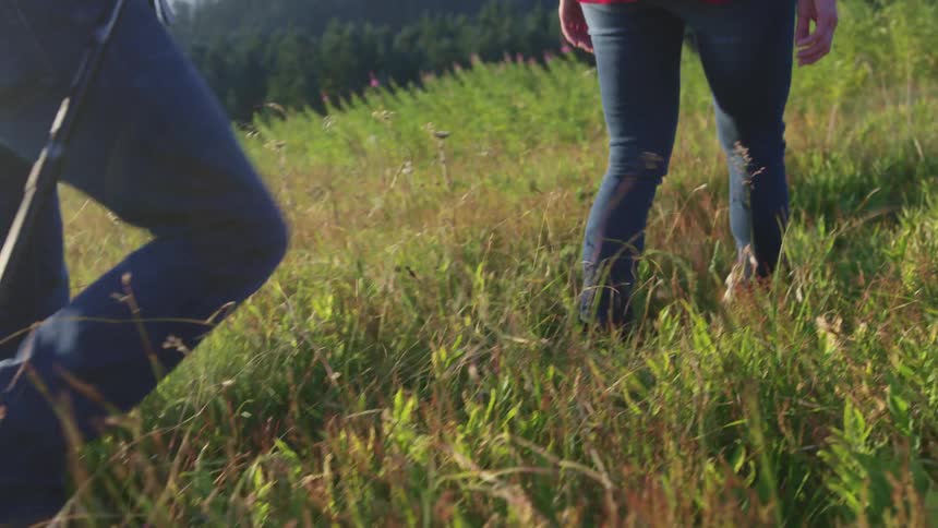 People with jeans walking up a grassy hill with trees the sky and clouds in the background